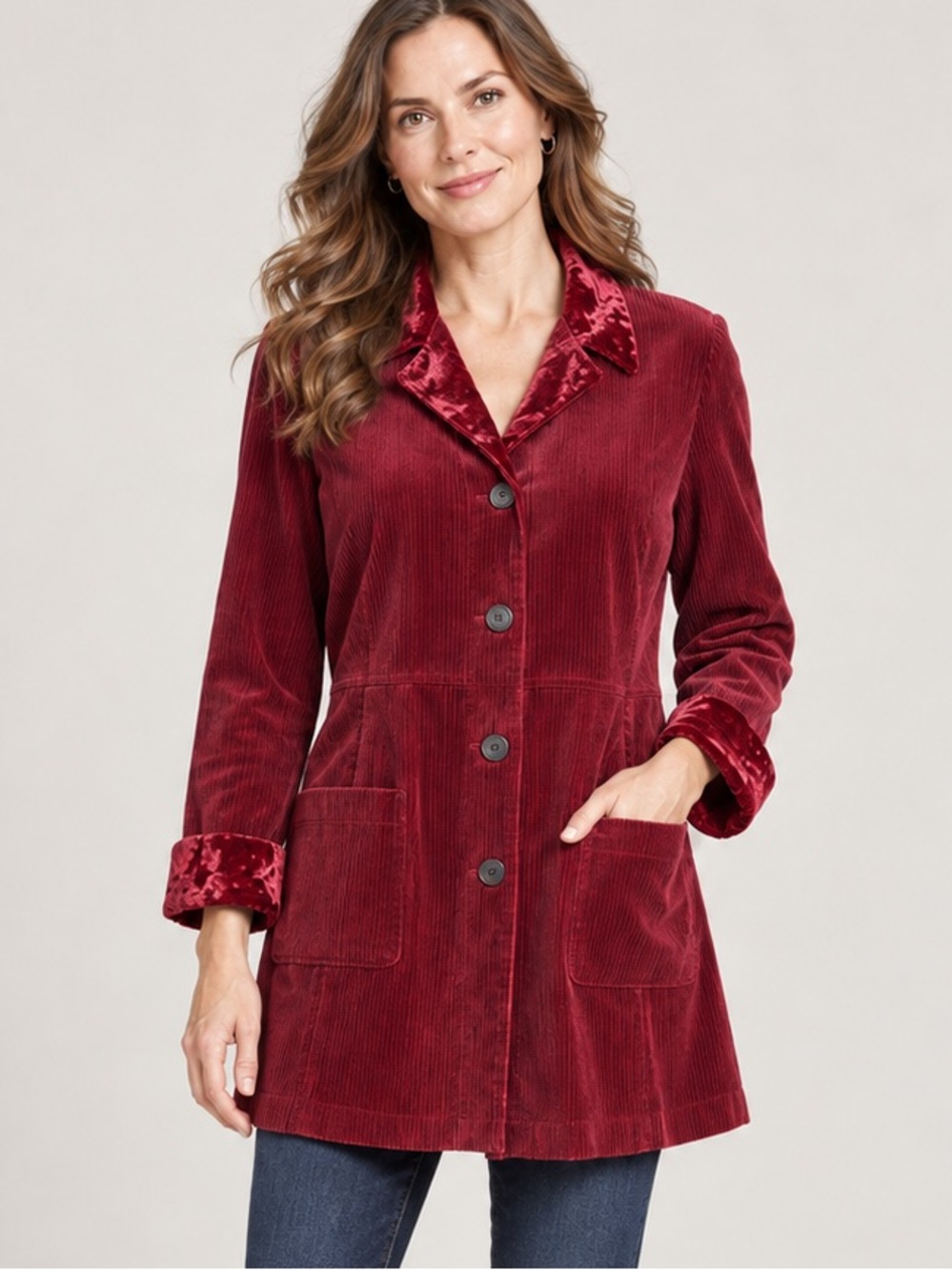 J. Jill Burgundy Corduroy Longline Blazer Velvet Trim Jacket Size S